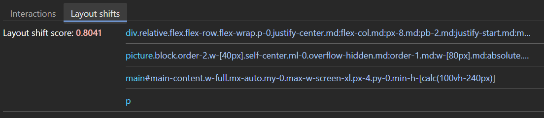 List of elements affected by the layout shift taken from devtools